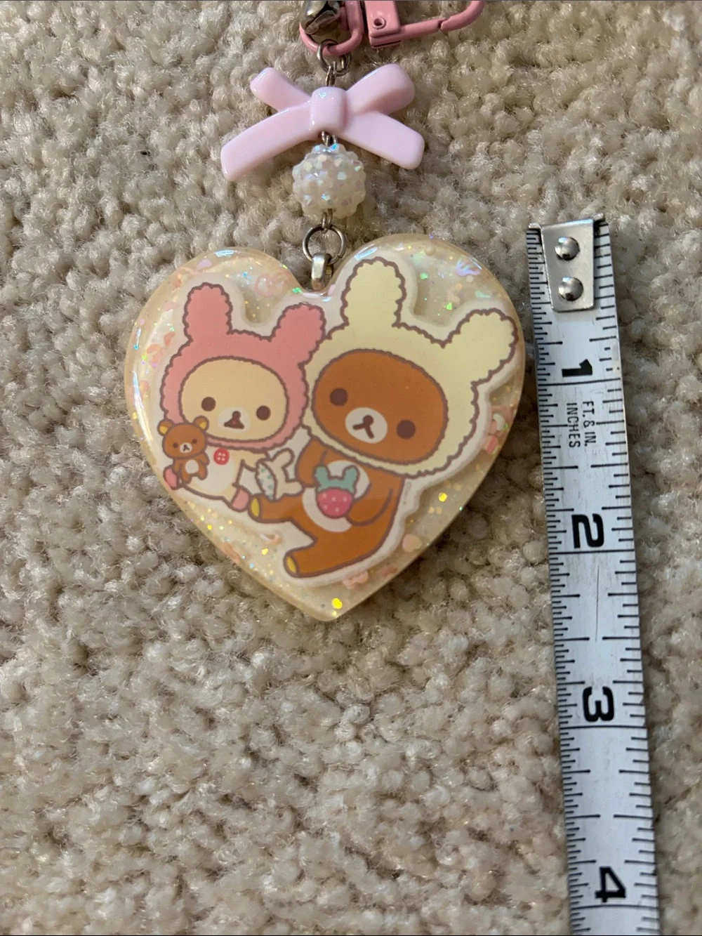 Pink Pom Pom Heart Shaped Resin Keychain with Cute Bears